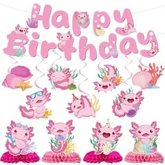 Axolotl Birthday Party Decorations – 12 PCs Pink Cute Cartoon Animals Happy