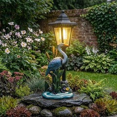 For Outdoor Solar Crane Statue with Warm LED Lantern 13.6in Height Resin