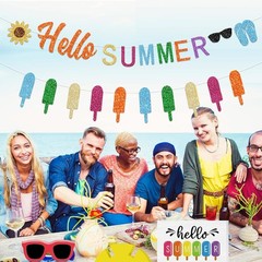 Summer Garland Hello Summer Banner W/ Colorful Glittery Popsicle Banner