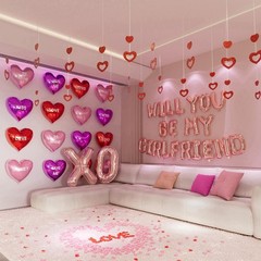 Will You Be My Girlfriend Balloons Proposal, Pink Red Rose Petal, Heart Balloons