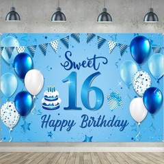 Blulu Happy 16th Birthday Decorations for Boys Girls Extra 185 x 110 cm, blue