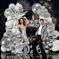 Disco Party Balloon Garland Arch Kit 134 Pcs Metallic Silver Matte White Conf…