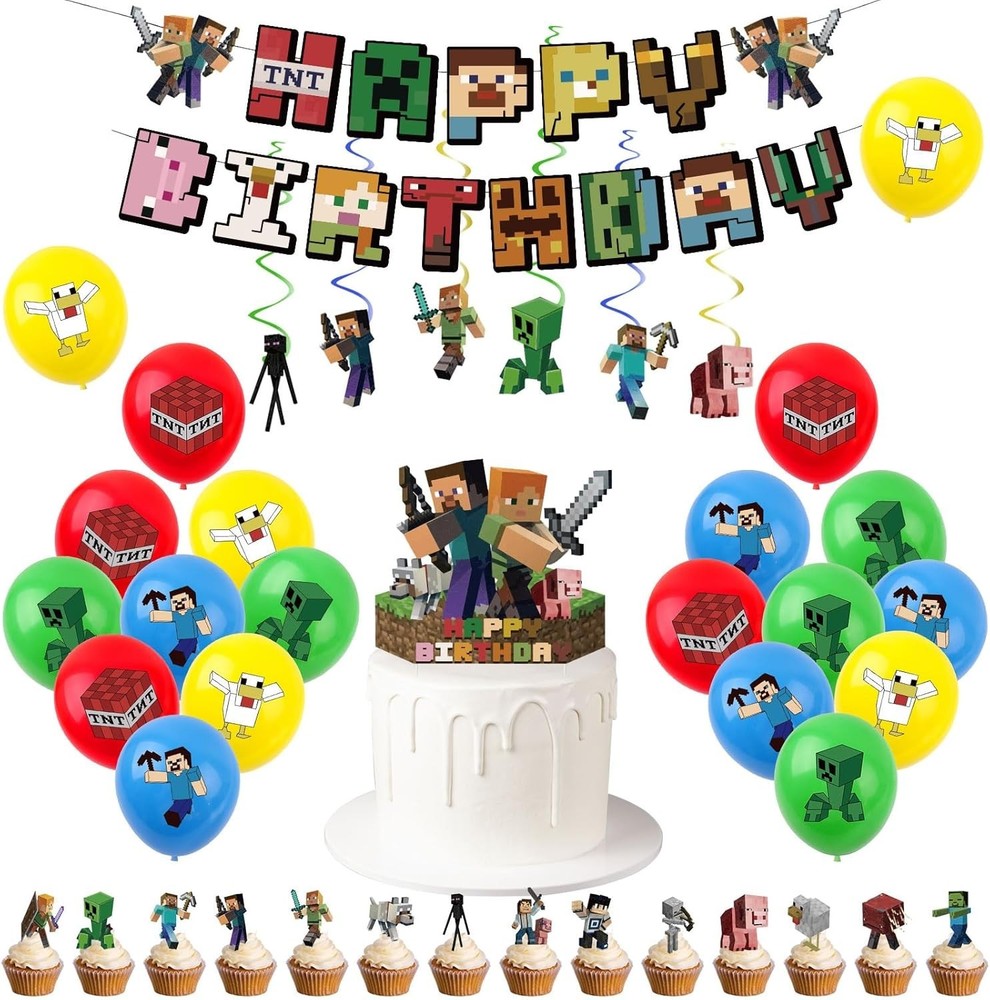 Minecraft Birthday Party Decorations Hanging Banner Swirls Balloons Cake Toppers