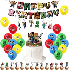 Minecraft Birthday Party Decorations Hanging Banner Swirls Balloons Cake Toppers