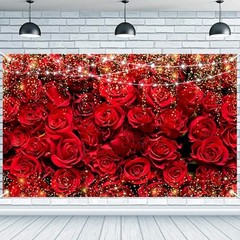 Happy Valentine’s Day Banner Backdrop – 73 x 43 Inch Large Size Red Rose