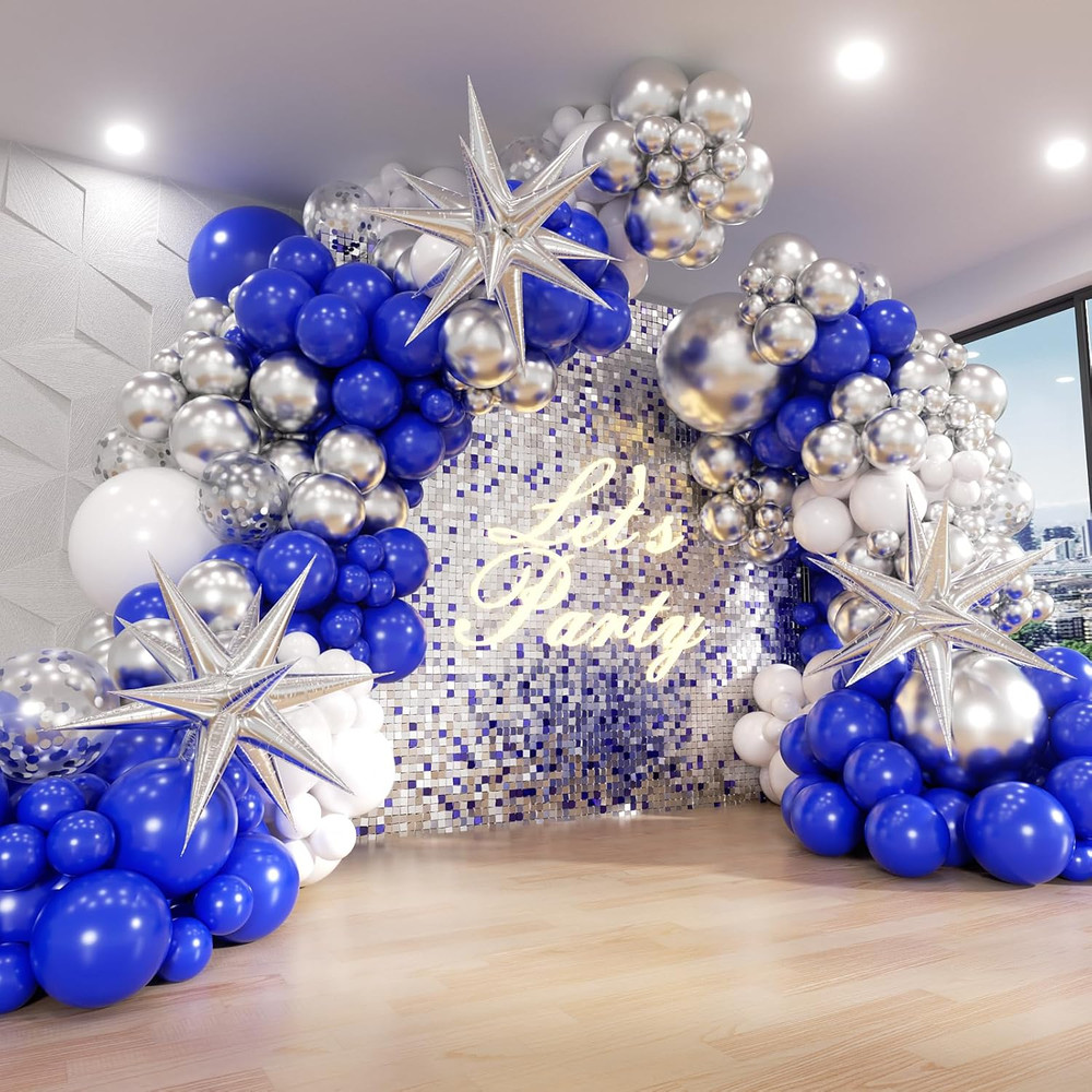 131Pcs Royal Blue and Silver Balloon Arch Garland Kit, Royal Blue White Silver C