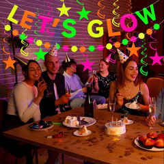 Neon Party Supplies Includes Let’S Glow Banner Star Hanging Swirls Circle Dot Ga