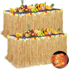 2 Pieces 9 Ft x 30 Inches Luau Grass Table Skirts with LED String Light Hawai…