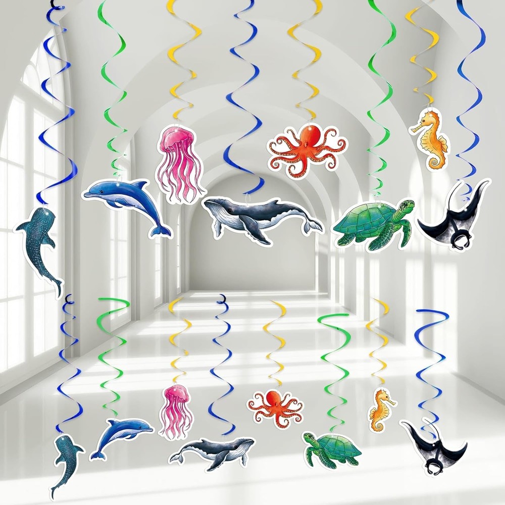 WERNNSAI 24 Pcs Ocean Party Hanging Swirls – Theme Blue