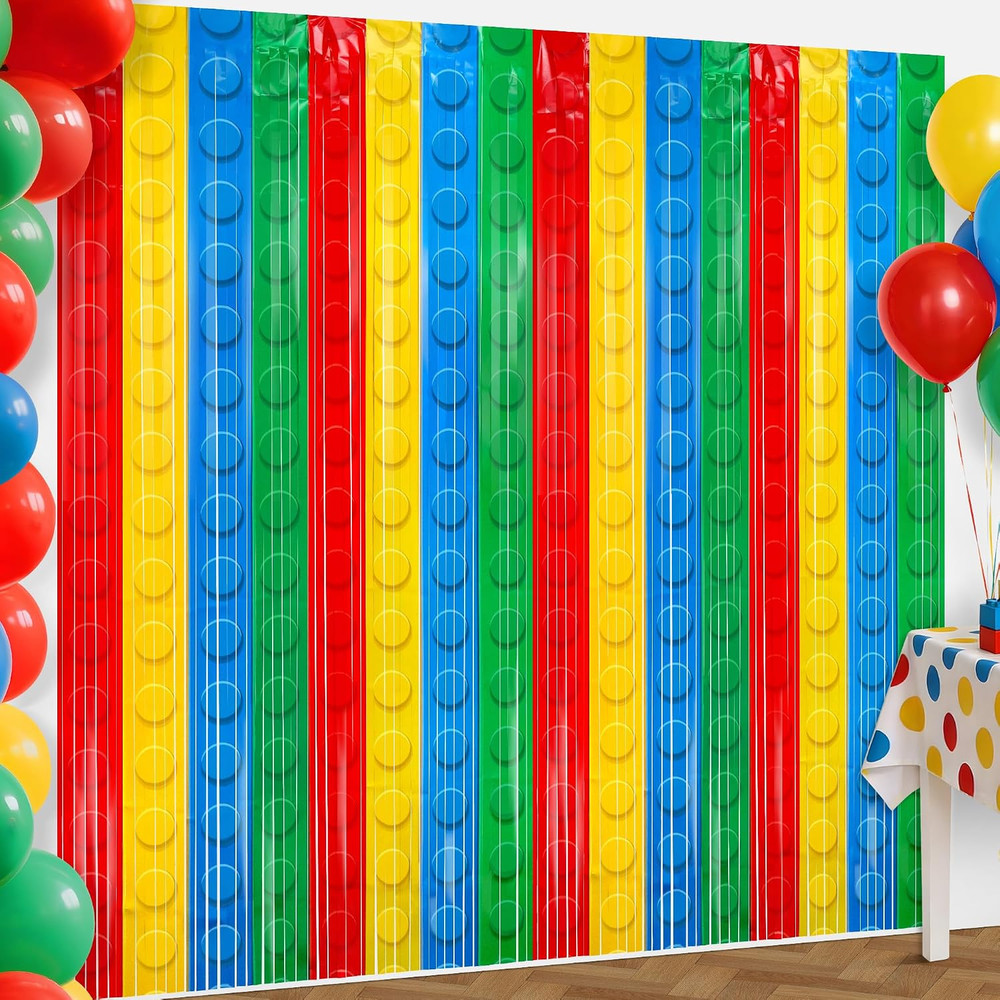 2Pack Building Block Foil Fringe Curtains,3.3X6.6Ft Building Block Theme Party D