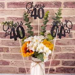 10 Pack Cheers To 40 Black Glitter 40th Birthday Centerpiece Topper Sticks