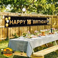 ANATANOWOR 16th Birthday Banner Black Gold
