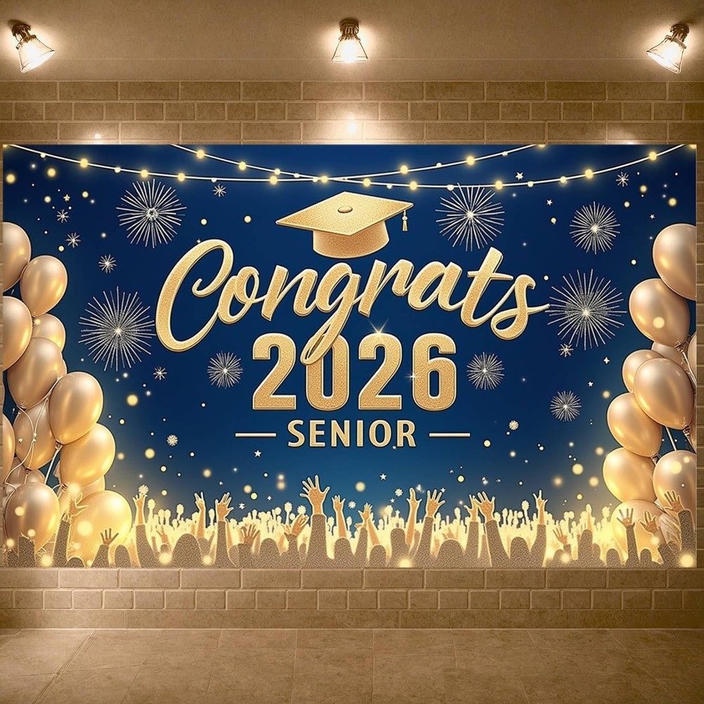 Blue Gold Graduation Banner Decorations Navy Blue Congrats 2026 Graduation Pa…