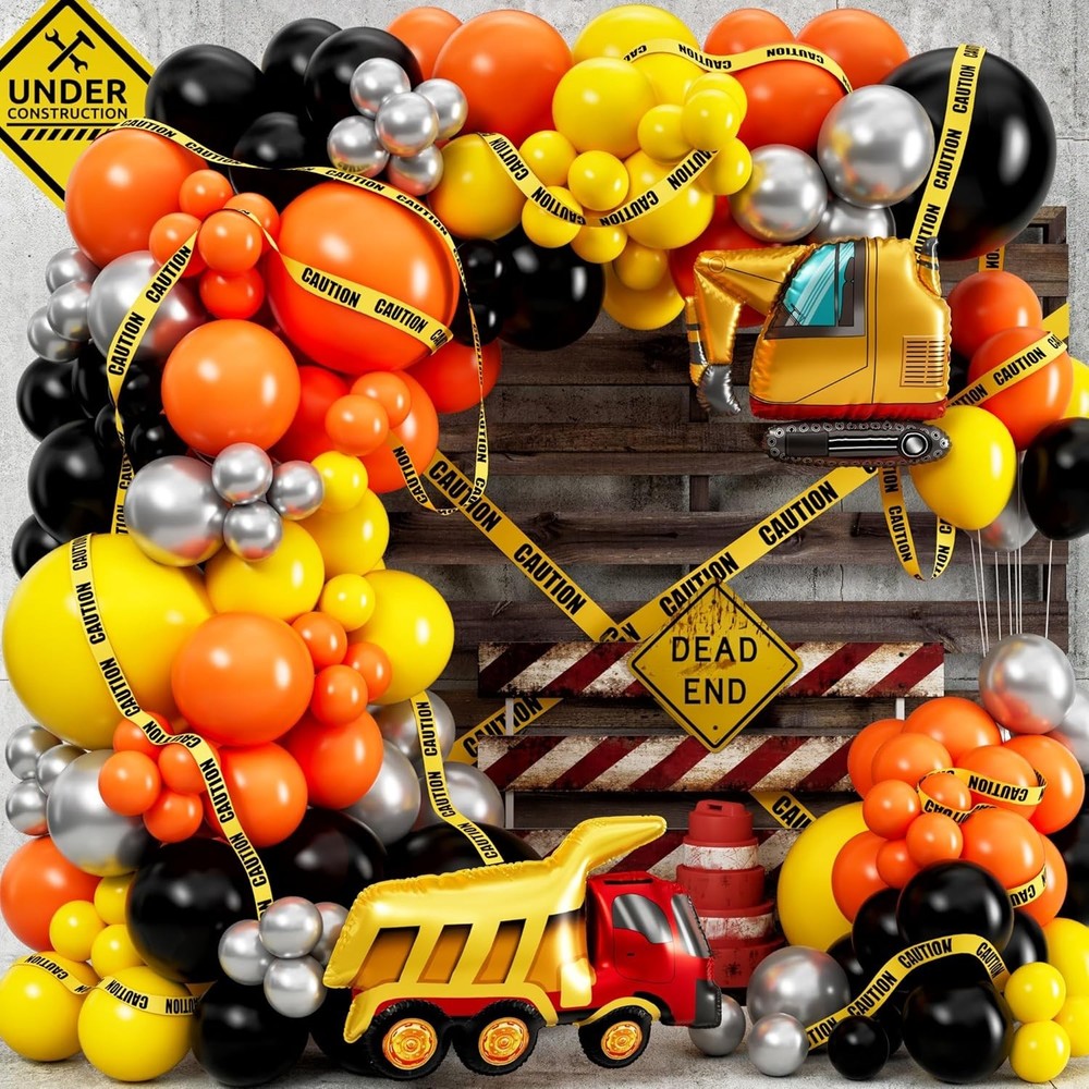 ALL-IN-1 Construction Balloon Arch Kit with BONUS Caution Tape & Truck Balloo…
