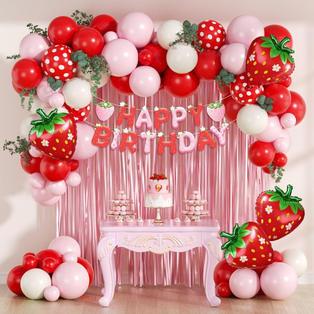 Strawberry Birthday Party Decorations with Pink Fringe Curtain Happy Birthday…