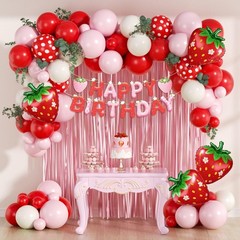 Strawberry Birthday Party Decorations with Pink Fringe Curtain Happy Birthday…