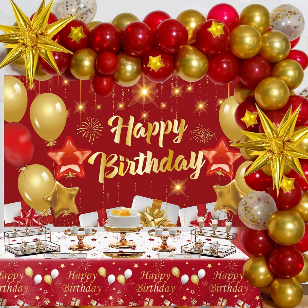 Red and Gold Birthday Decorations 72pcs Balloons Backdrop Table Cover – Party