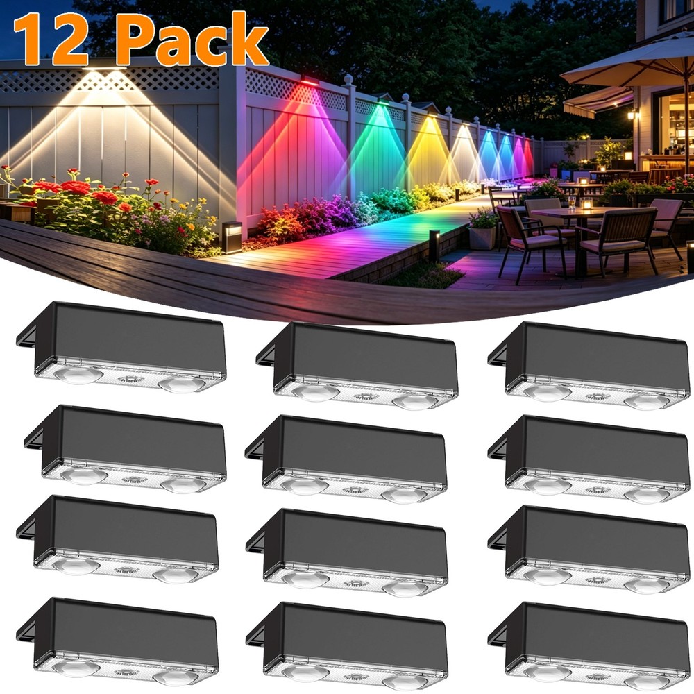 12 Pcs Solar Wall Fence Lights Outdoor Garden Deck Stair RGB Color Changing Lamp