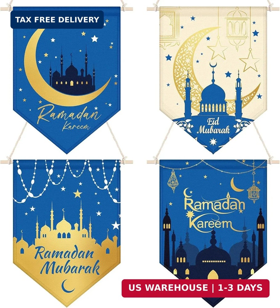 Rtteri 4 Pcs Blue Ramadan Decoration Eid Mubarak Door Hanging Banner Ramadan Kar