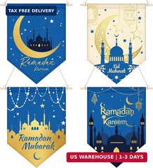 Rtteri 4 Pcs Blue Ramadan Decoration Eid Mubarak Door Hanging Banner Ramadan Kar