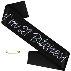 I’m 21 Bitches Birthday Sash, Black Satin Sash with Glitter