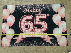 HAPPY 65th BIRTHDAY Pink and Black Birthday Banner Polyester Fabric