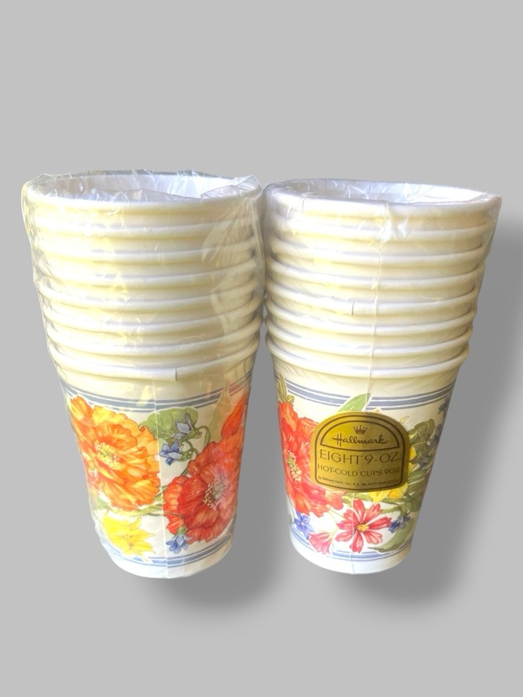 Hallmark Hot-Cold Cups NO Colorful Floral 9oz /2 Sets of 8 Vintage NIP / NOS