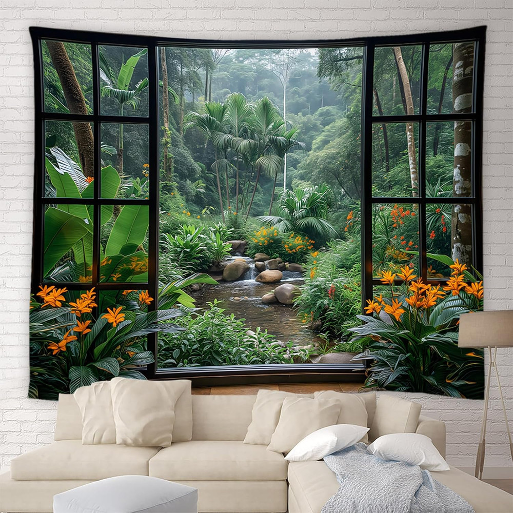 Tropical Rainforest Tapestry Jungle Green Tree Waterfall Pond Garden Nature Land
