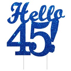 Hello 45 Cake Toppers Blue Glitter Happy 45th Birthday Party Decorations