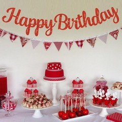 Red Happy Birthday Banner – NO DIY,10Feet,Pre-Strung-Glitter Backdrop Happy B…