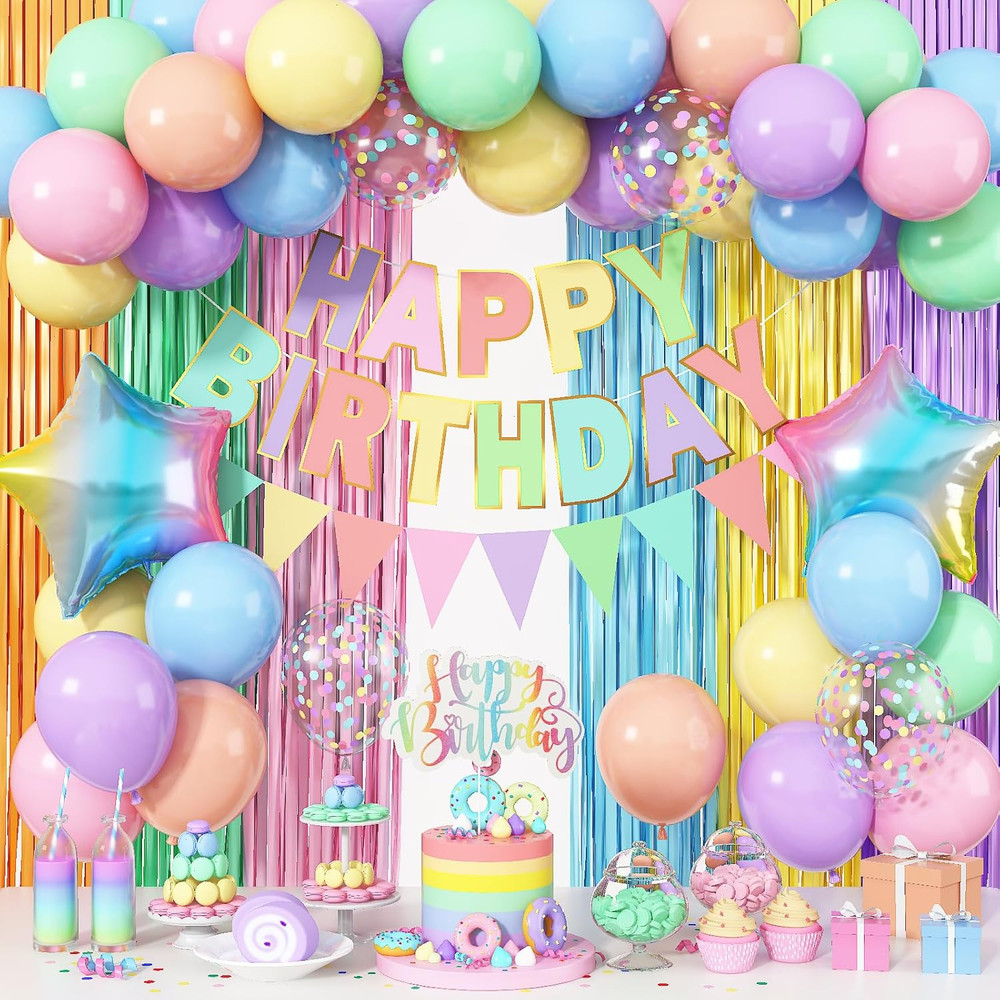 Pastel Birthday Decorations for Girls, Macaron Rainbow Pastel Color Balloons Reu