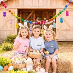 6.56FT Easter Decorations Garland, Handmade Wool Felt Rabbits Bunny Easter Ba…