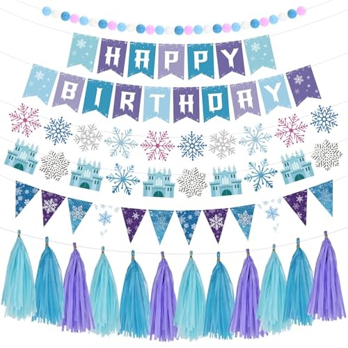 7 Pcs Happy Birthday Banner, Blue Banner with Snow Triangle Tassel Snowflake