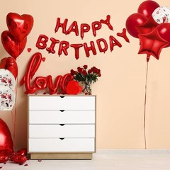 27 Pcs Red Birthday Decorations, 3D Foil Red Happy Birthday Balloon Banner, P…
