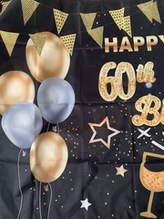 Happy 60th Birthday Backdrop 71”x43”Black, Gold, Silver