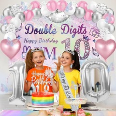 10th Birthday Decorations for Girls,49pcs Silver Dazzle Double Digits Banner,…