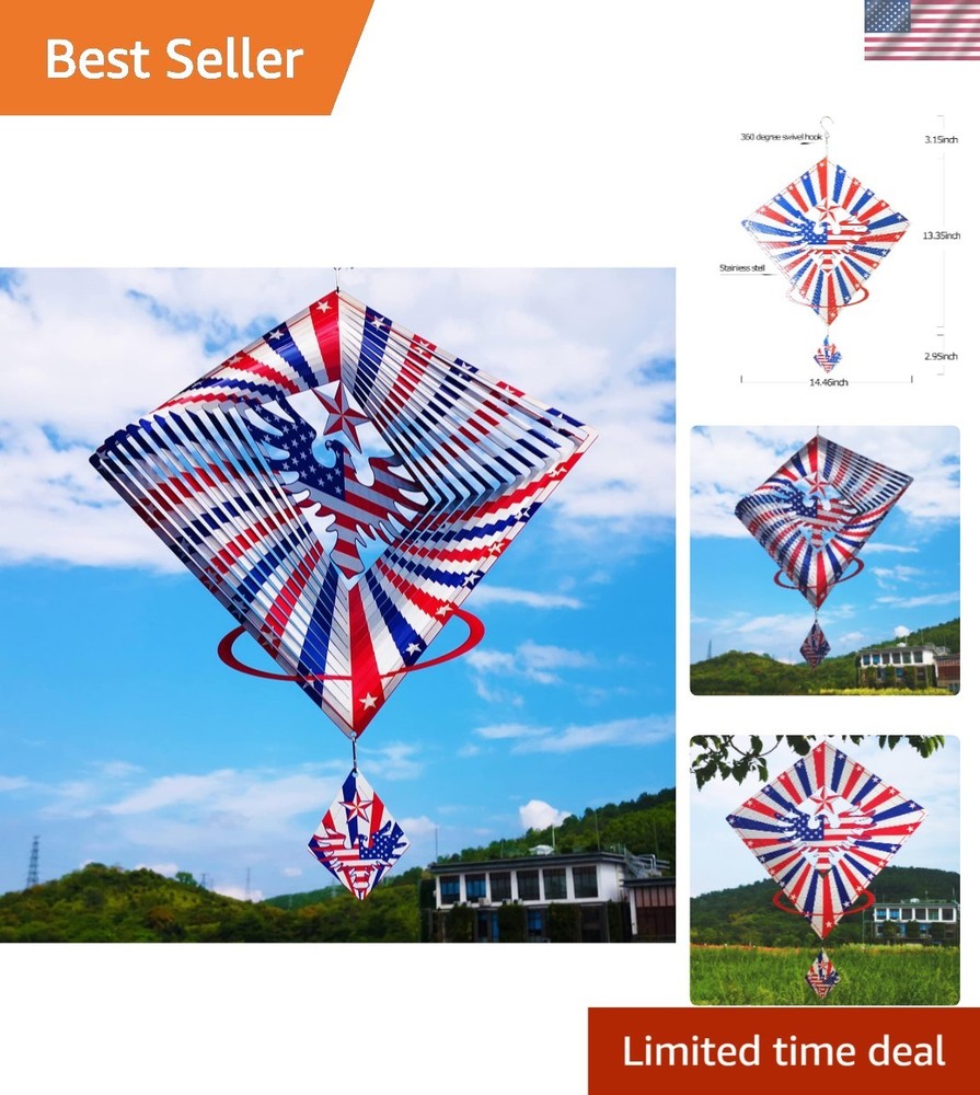 13.5in Stainless Steel Eagle Flag Wind Spinner – Perfect for 4th of July Decor