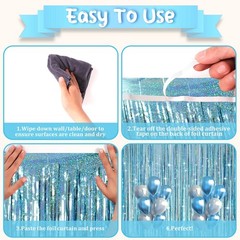 2 PCS Laser Light Blue Foil Fringe Curtains Tinsel Streamers Party Backdrop