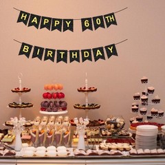 HAPPY 60TH BIRTHDAY Banner, Pre-Strung, Black Gold 60th Birthday Party Decora…