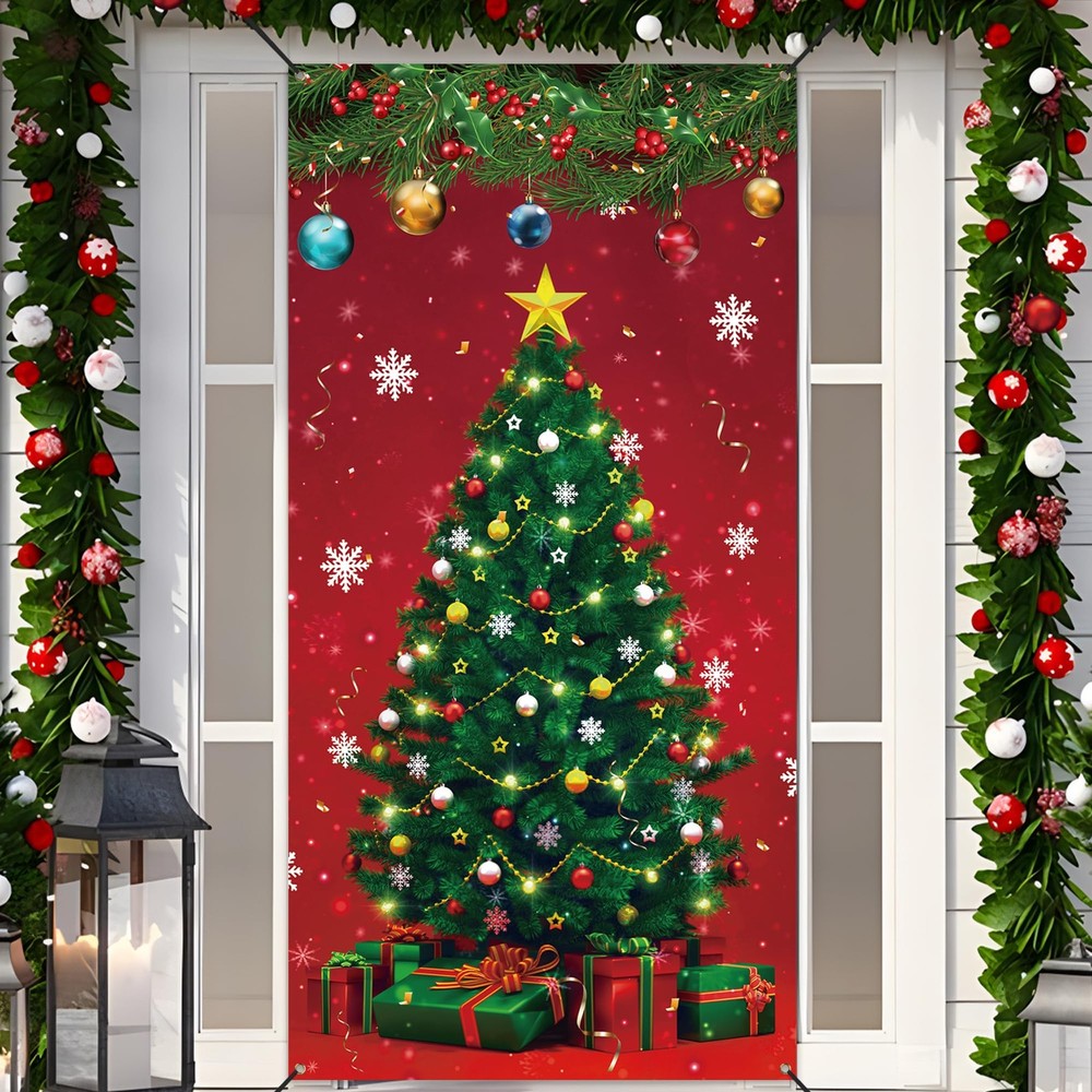 Christmas Front Door Cover Xmas Tree Door Cover Banner Merry Christmas Door H…