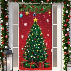 Christmas Front Door Cover Xmas Tree Door Cover Banner Merry Christmas Door H…
