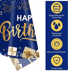 Happy Birthday Decorations, 1 Pcs Navy Blue and Gold Birthday Tablecloth for …