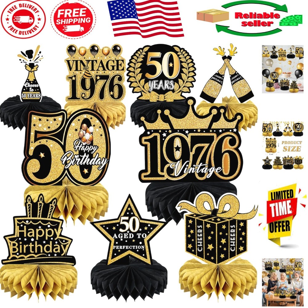 Elegant 9-Pc Black & Gold 50th Birthday Decorations Set – Honeycomb Centerpieces