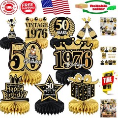 Elegant 9-Pc Black & Gold 50th Birthday Decorations Set – Honeycomb Centerpieces