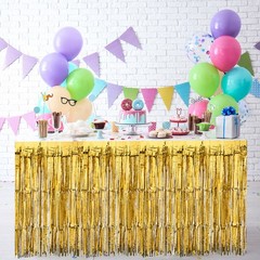 2 Pcs 29×108 Inch Light Blue Metallic Foil Fringe Tinsel Table Skirts