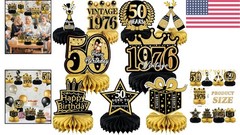 Elegant 9-Pc Black & Gold 50th Birthday Decorations Set – Honeycomb Centerpieces