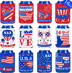 16PCS 4Th/Fourth of July Decorations Can Cooler Sleeves for Independence Day Mem