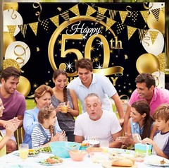 Extra Large Black Gold 50th Birthday Party Decoration Banner – 72.8 x 43.3 Inch