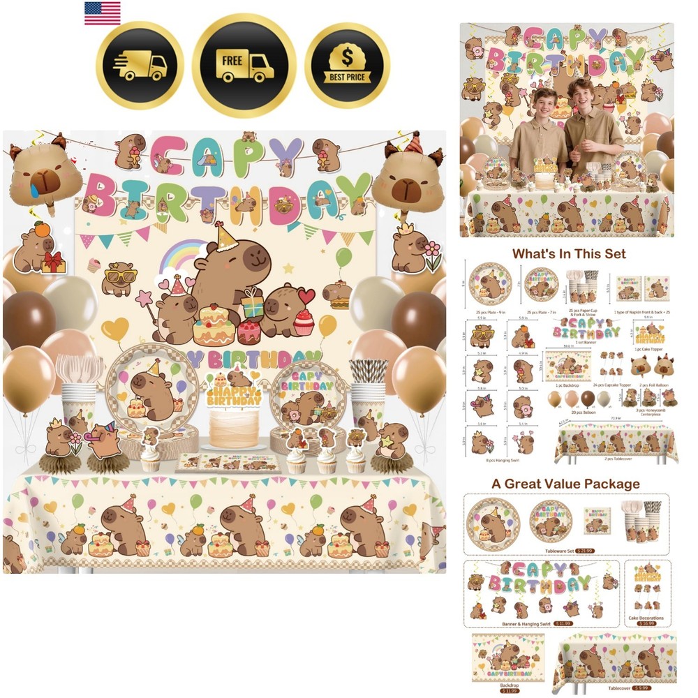 212pcs Capybara Birthday Decorations-Serves 25, All-in-one Capybara Party Dec…