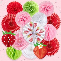 1 Kit Strawberry Birthday Party Decorations Paper Fans Hanging Decor